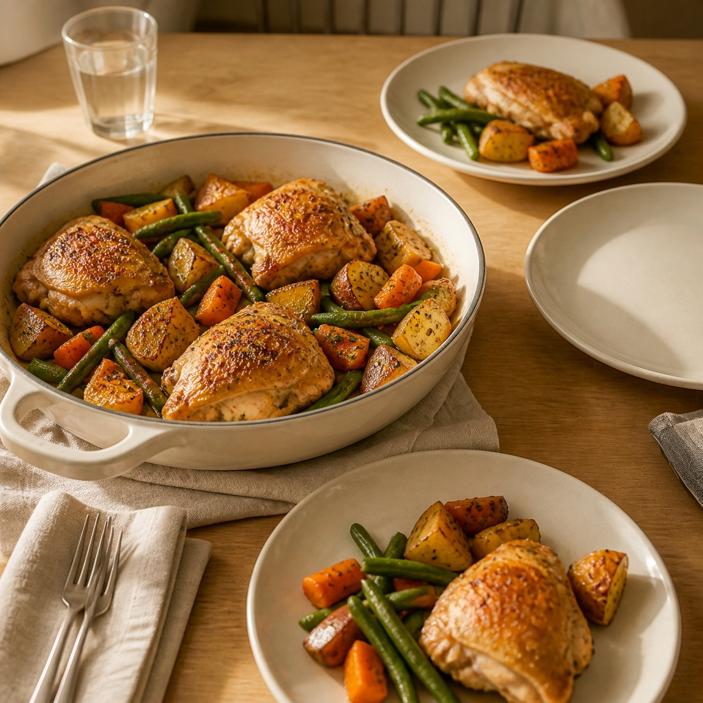 A warm weeknight dinner table with a cream serving dish of roasted chicken, potatoes, green beans and carrots, plus simple plates and linens