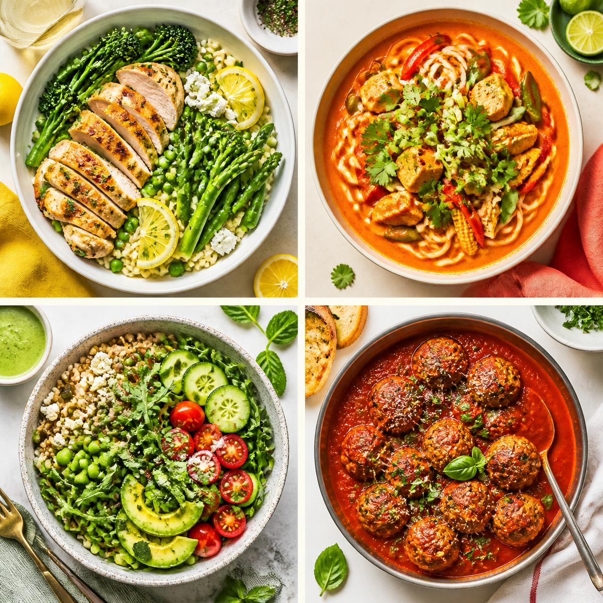A grid of four colorful weeknight dinners: lemon chicken with greens, red curry noodles, a fresh grain salad and saucy meatballs